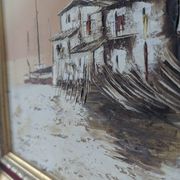 Vintage oil painting on canvas – Harbour and fishing landscape – Signed No