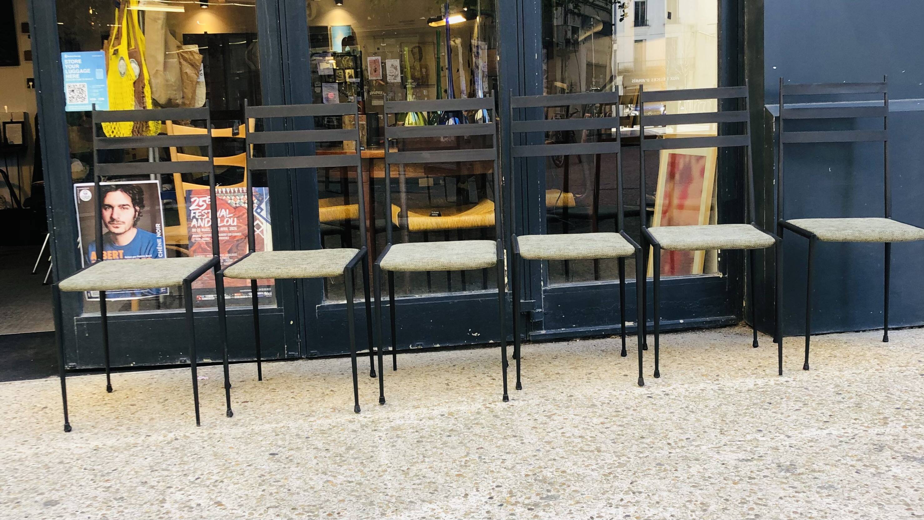 6 black metal chairs with green fabric, Italian design.