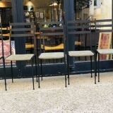 6 black metal chairs with green fabric, Italian design.