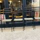 6 black metal chairs with green fabric, Italian design.