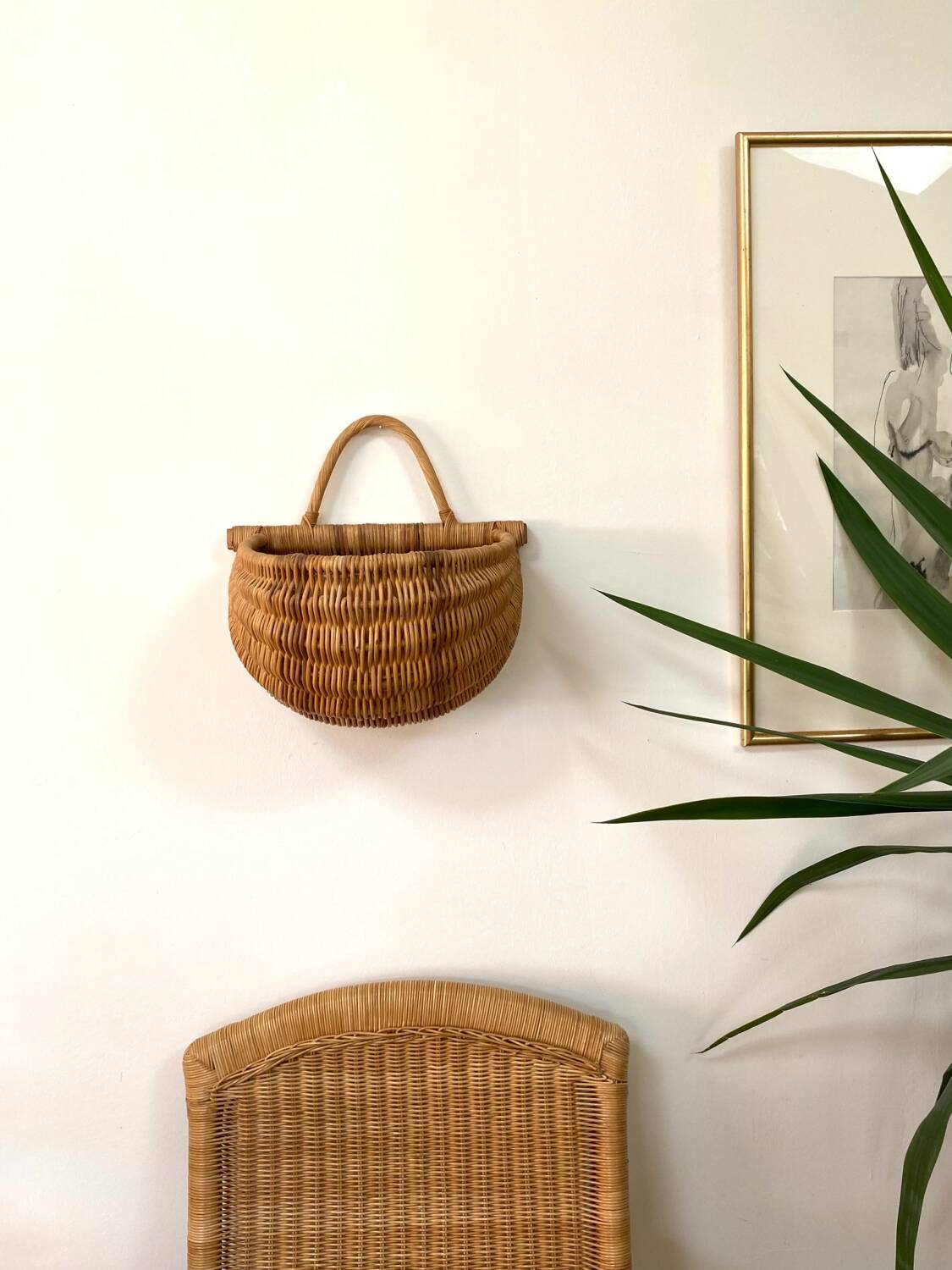 Large hanging wicker rattan basket - 1970s