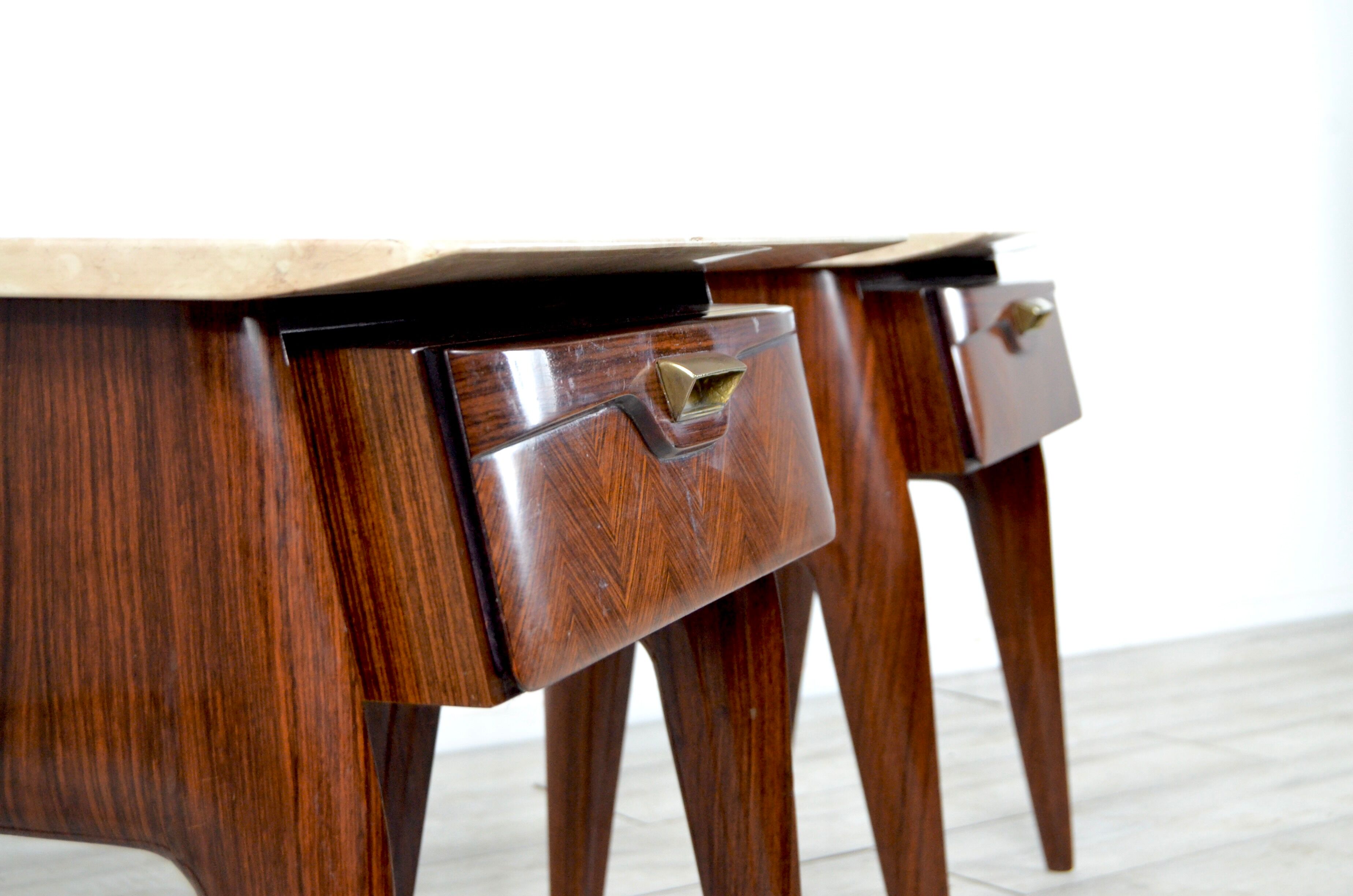 Set of 2 italian midcentury rosewood, carrara marble and brass bedside tables / cabinets. vintage