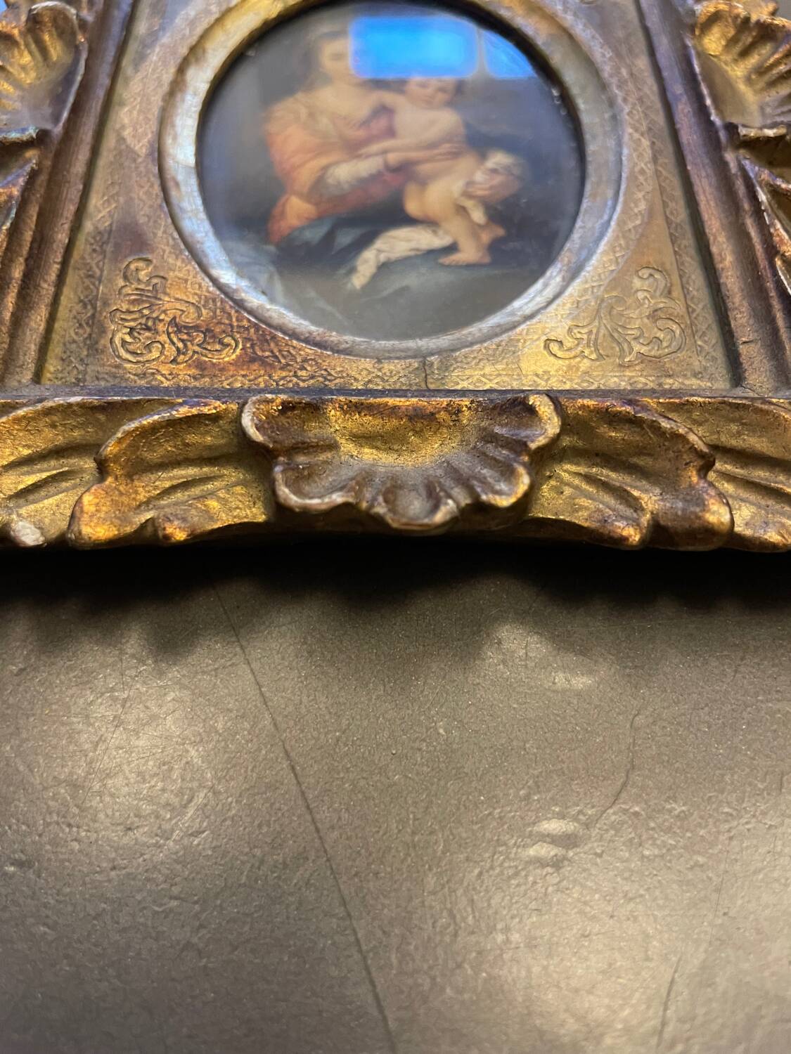 Old painting religious image carved wooden frame