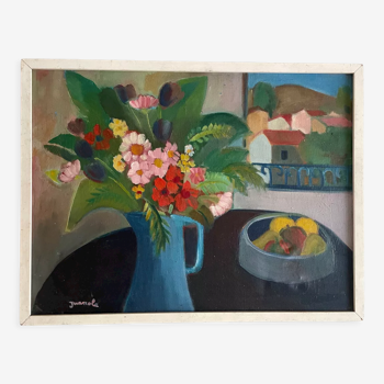 Peinture à l’huile vintage sur toile, années 1950 français nature morte de fleurs, fruits surplombant un village