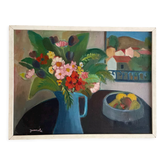 1950s French Vintage oil painting on canvas. Still life flowers, fruits overlooking a village
