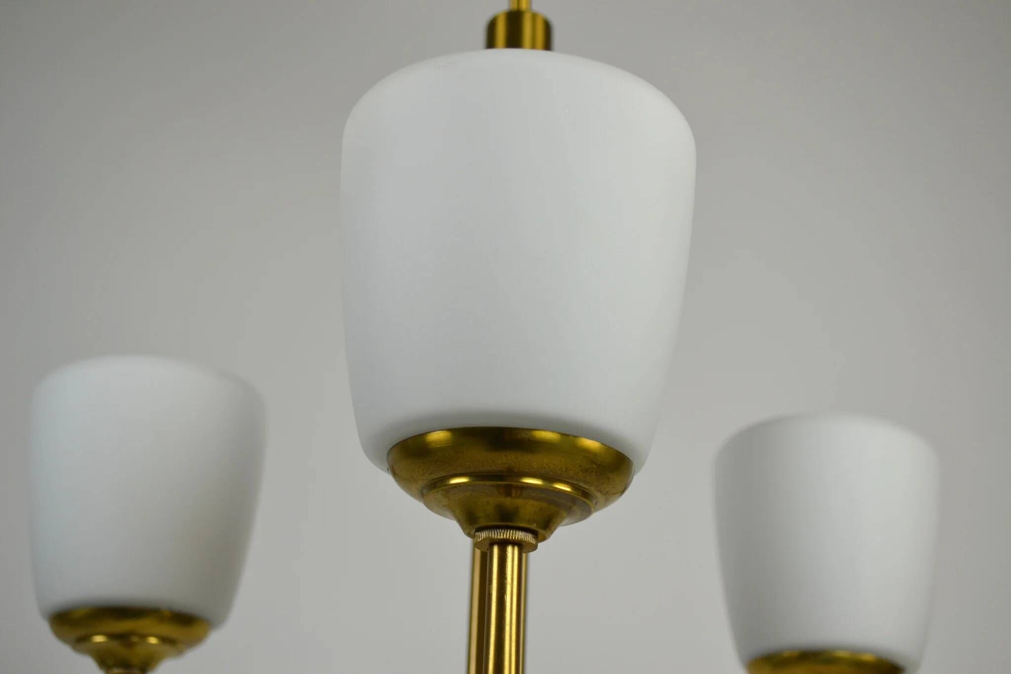 Scandinavian Modern Three-Light Pendant in Brass, Teak and Opaline Glass, 1960s