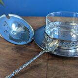Antique silver-plated metal and glass sugar bowl with spoon