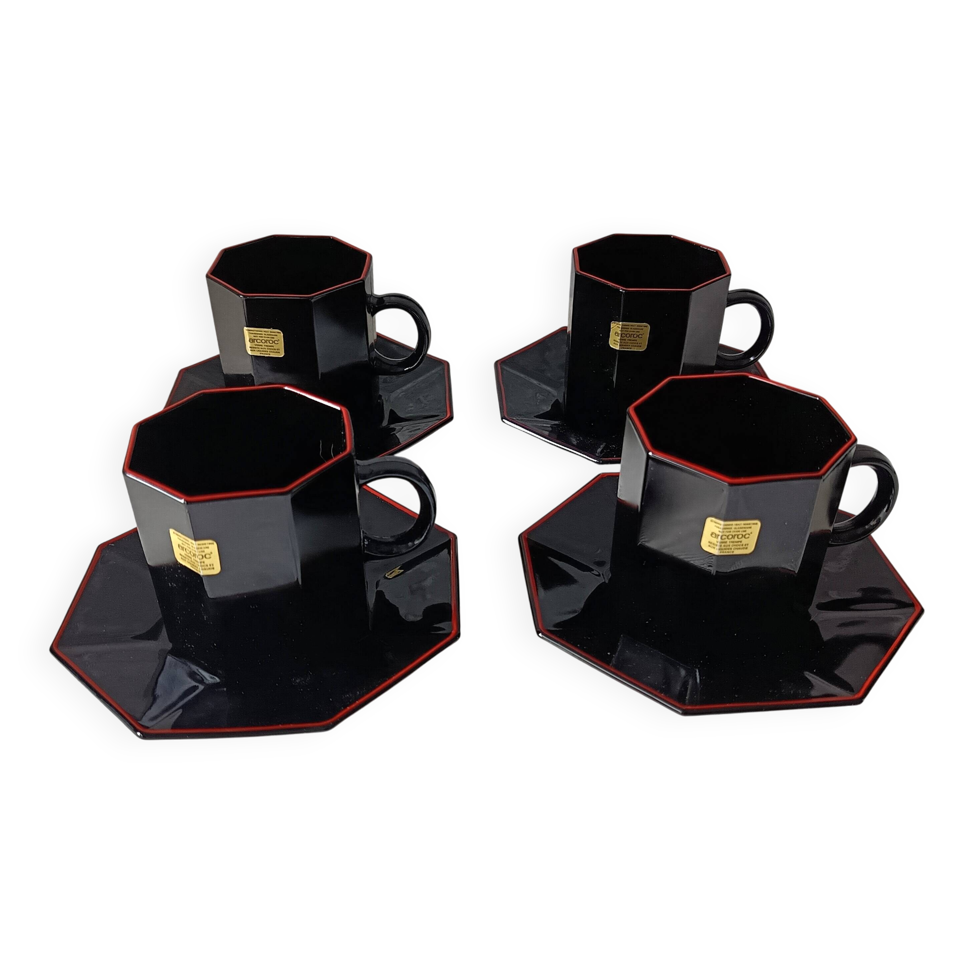 4 black tempered glass bowls Arcoroc OCTIME series, vintage, red border