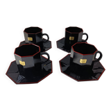 4 black tempered glass bowls Arcoroc OCTIME series, vintage, red border