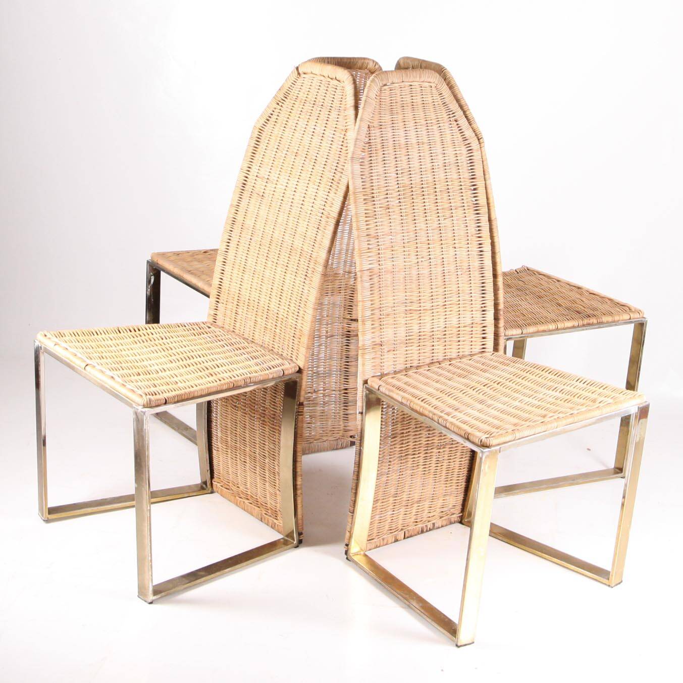 Suite de 4 chaises vintage en métal doré et osier