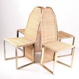 Set of 4 vintage chairs in gilded metal and wicker