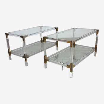 Paire de tables basses italiennes plexiglass, verre et laiton années 70