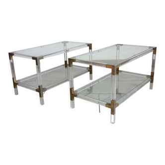 Pair of Italian coffee tables plexiglass, glass and brass 70s