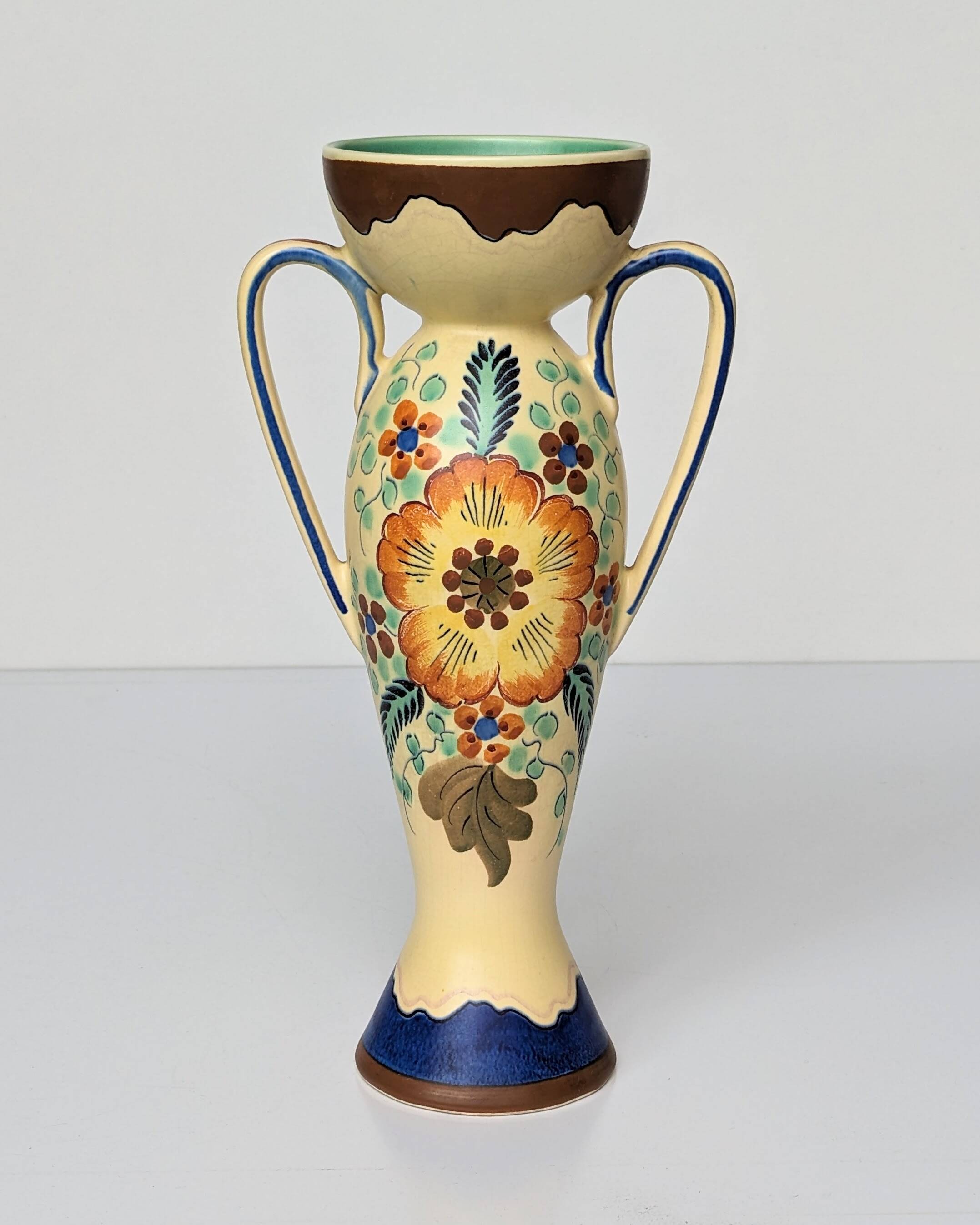 Amphora Vase Ceramic Gouda Holland - Rubens hand painted flower motif - Model 1035