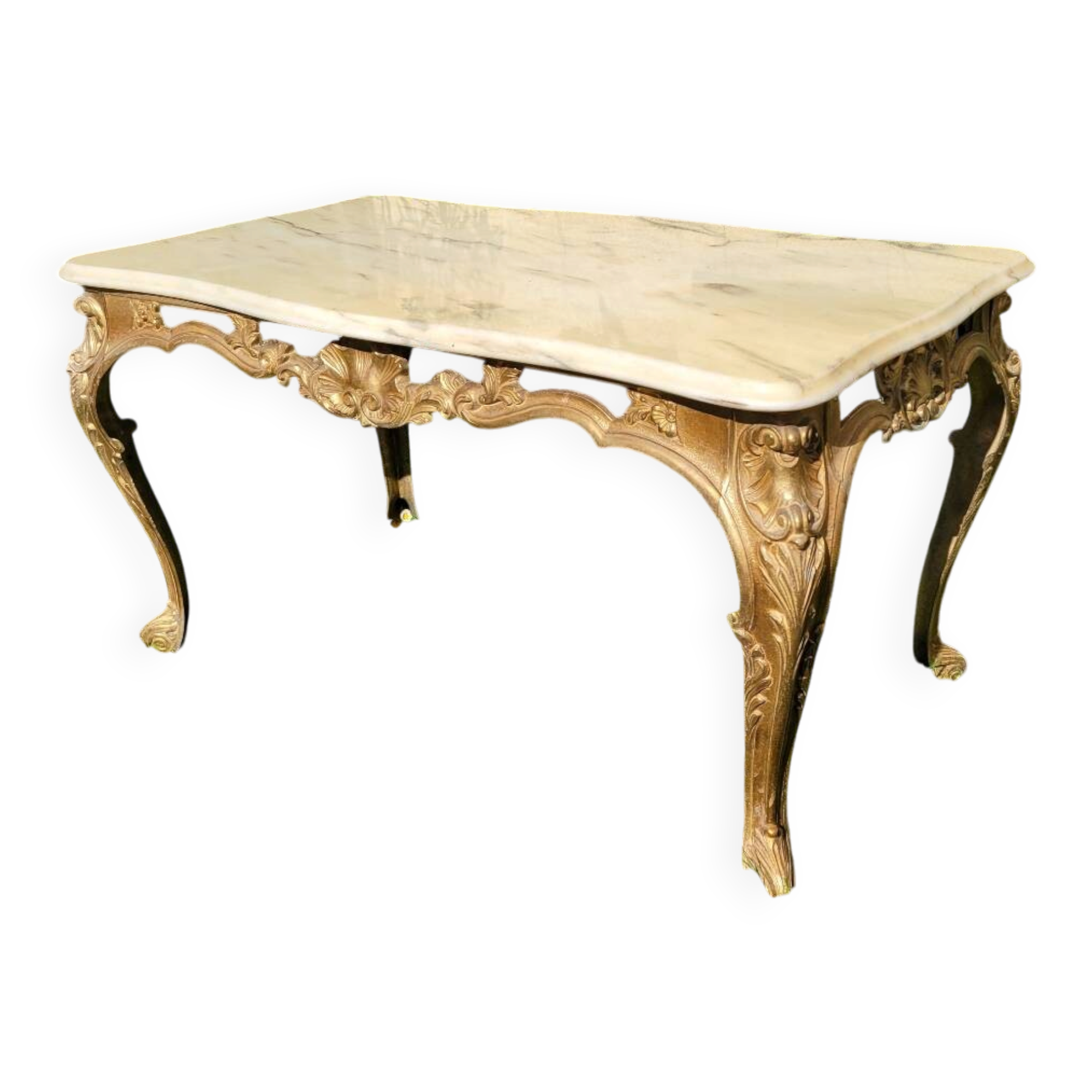 Louis XV coffee table in white Carrara marble with a gilded bronze base.