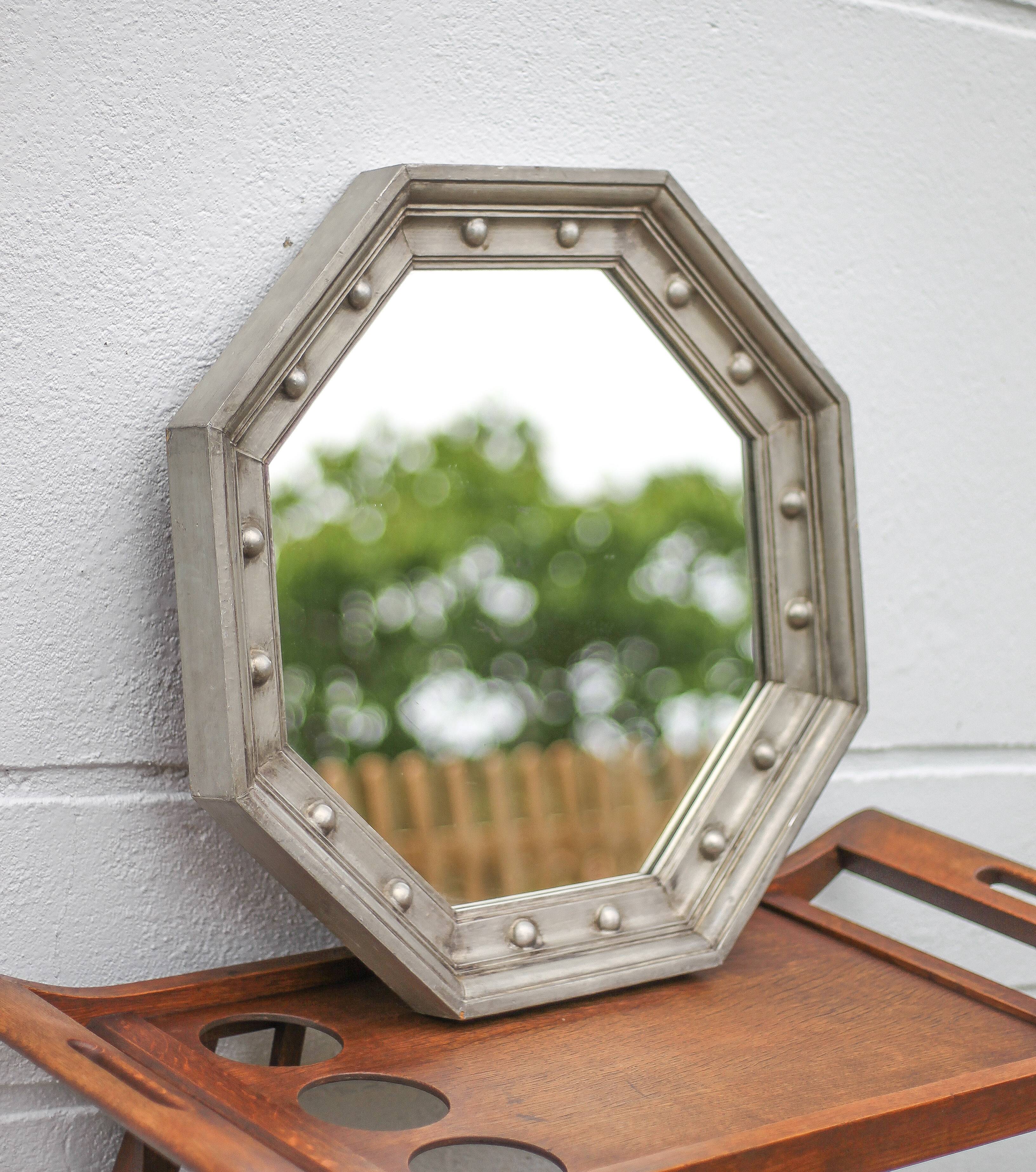 Vintage mirror, wooden mirror covered with tin, tin mirror from the 60s