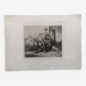 Gravure eau-forte de Charles Jacque, "Cavalier buvant au pied d'une auberge, paysan à cheval", 1849