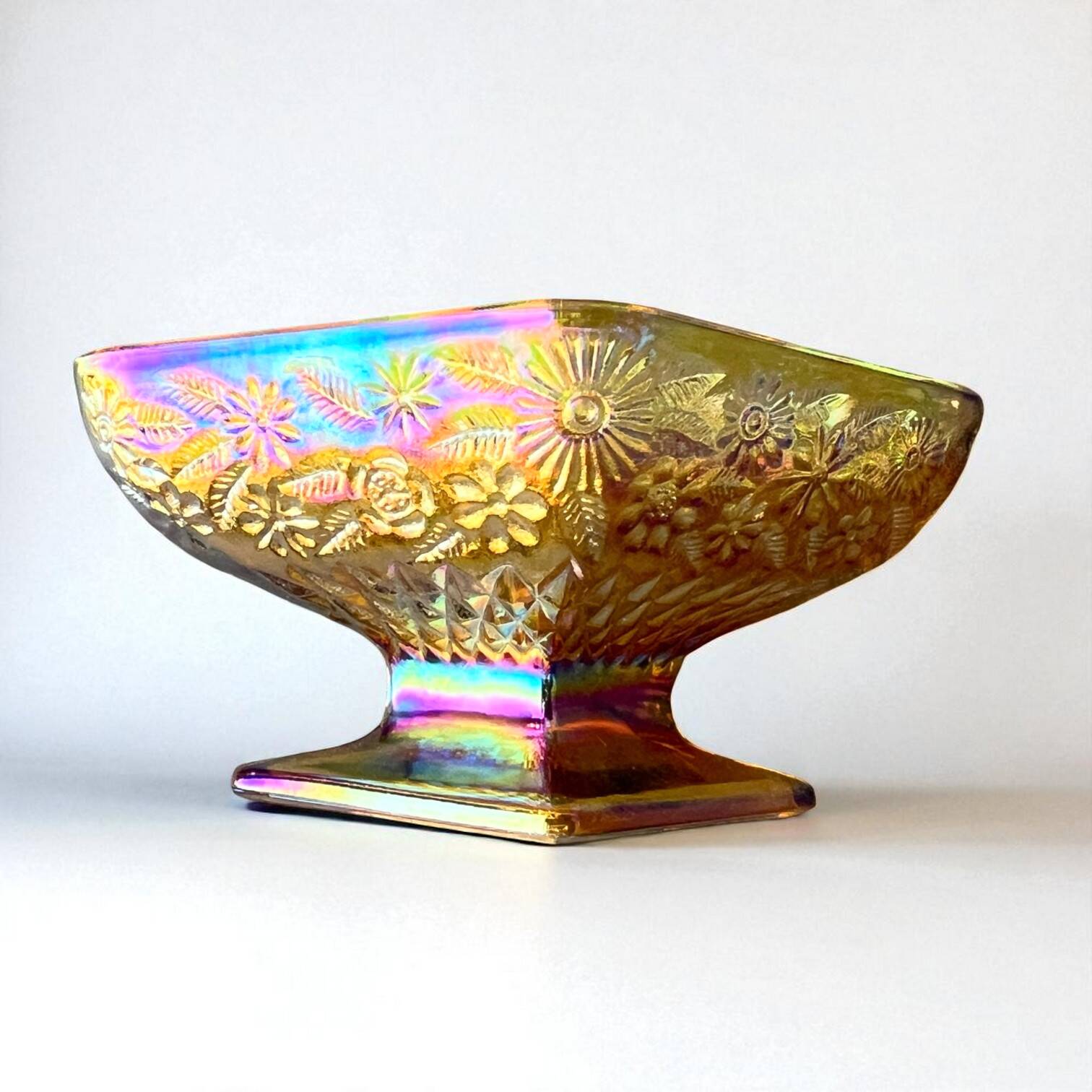 Carnival yellow iridescent glass cup candy dish Indiana Glass 1970s