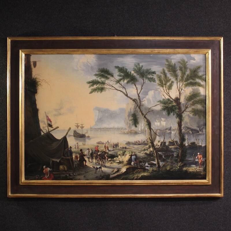 17th century Flemish painting, large landscape with sailing ships