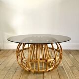 designer round coffee table in rattan and smoked glass 70s
