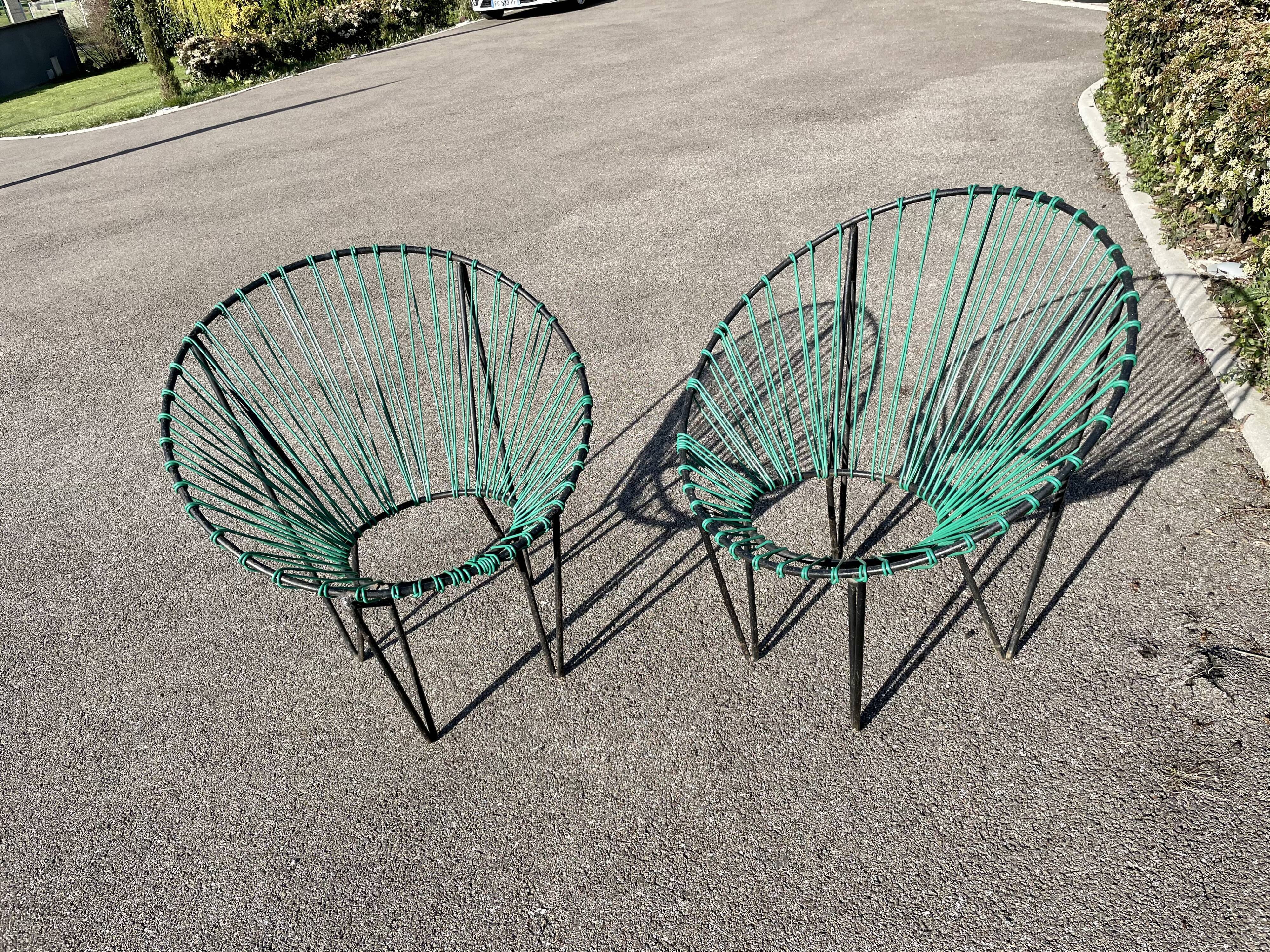 Pair of garden chairs Acapulco 1950 vintage scoubidou metal heaters