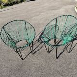 Pair of garden chairs Acapulco 1950 vintage scoubidou metal heaters