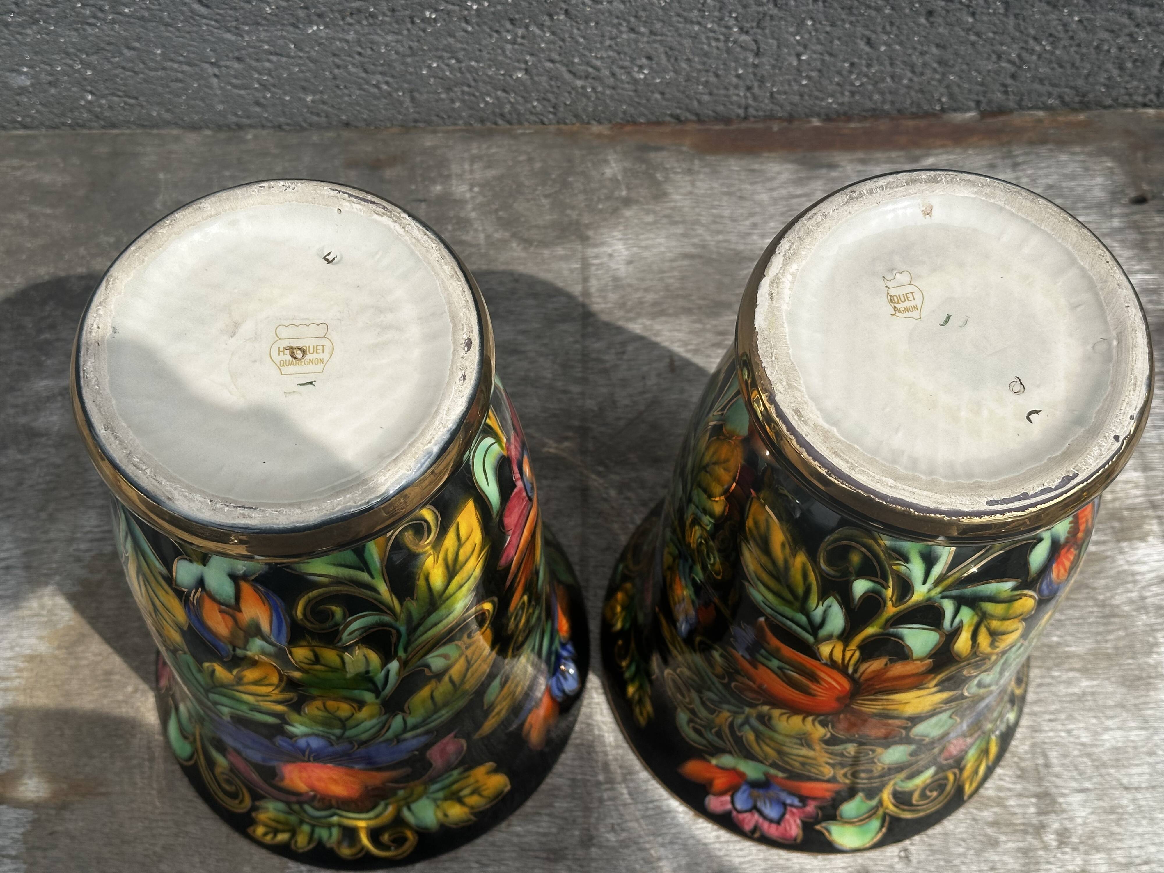 Paire de Vase en Céramique Peint Main H 31 cm signés Hubert Béquet