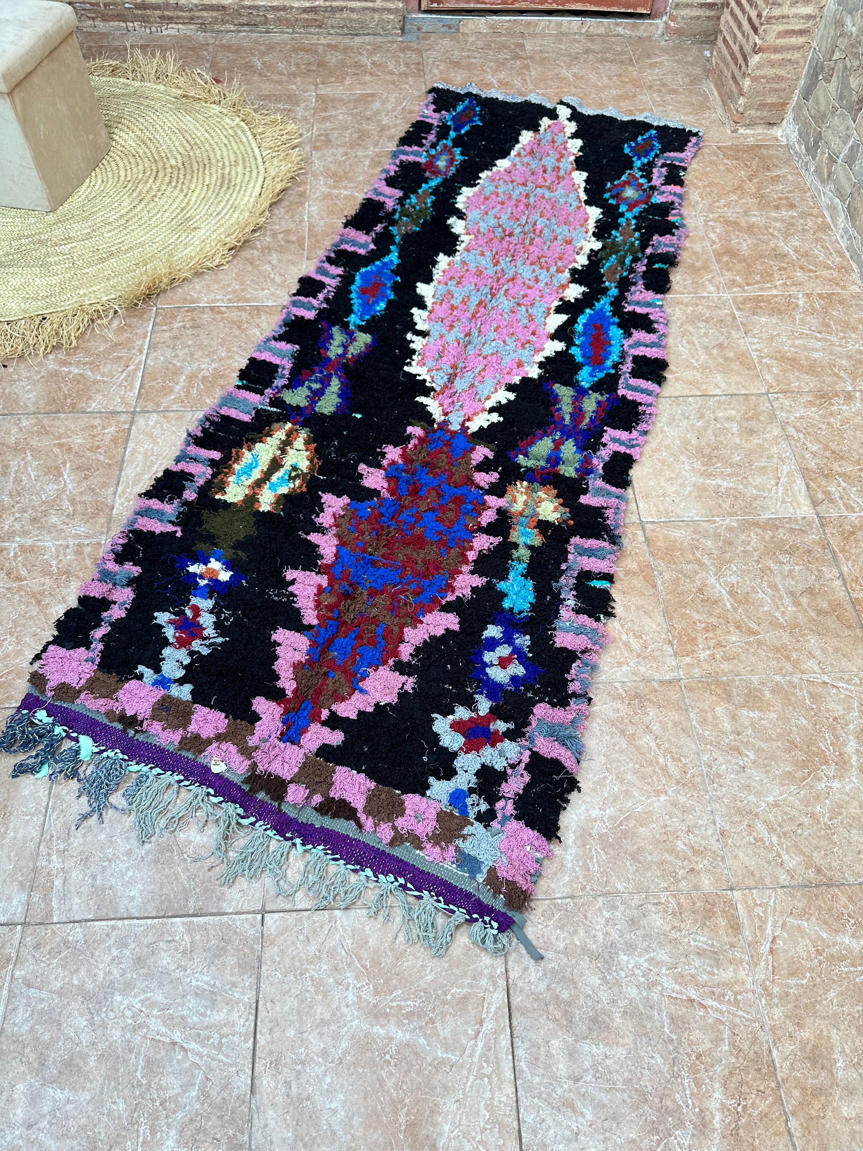 Vintage Berber Boucherouite hallway rug: Handwoven Moroccan rug.
