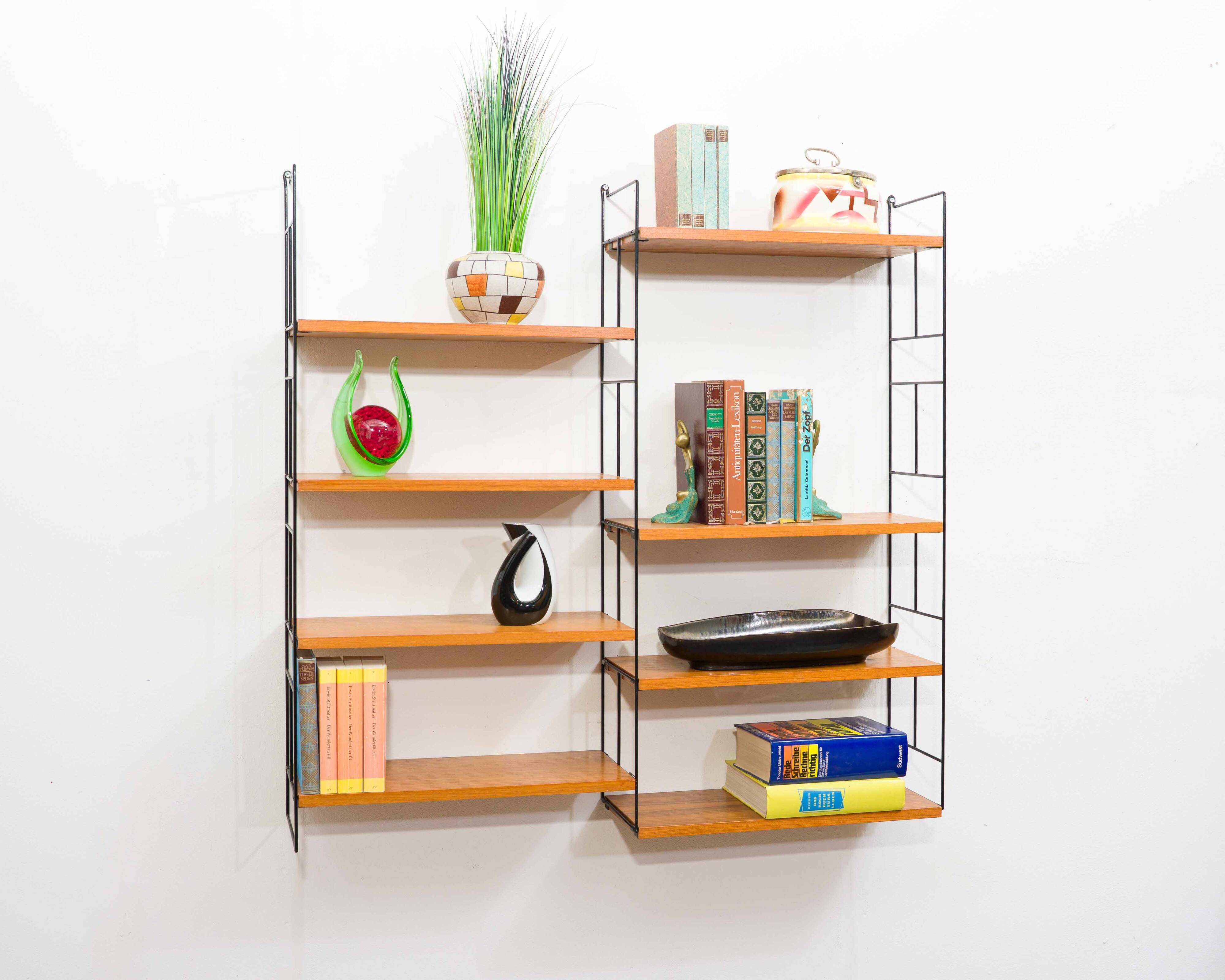 1960s teak wall shelf, manufacturer WHB, eight shelves