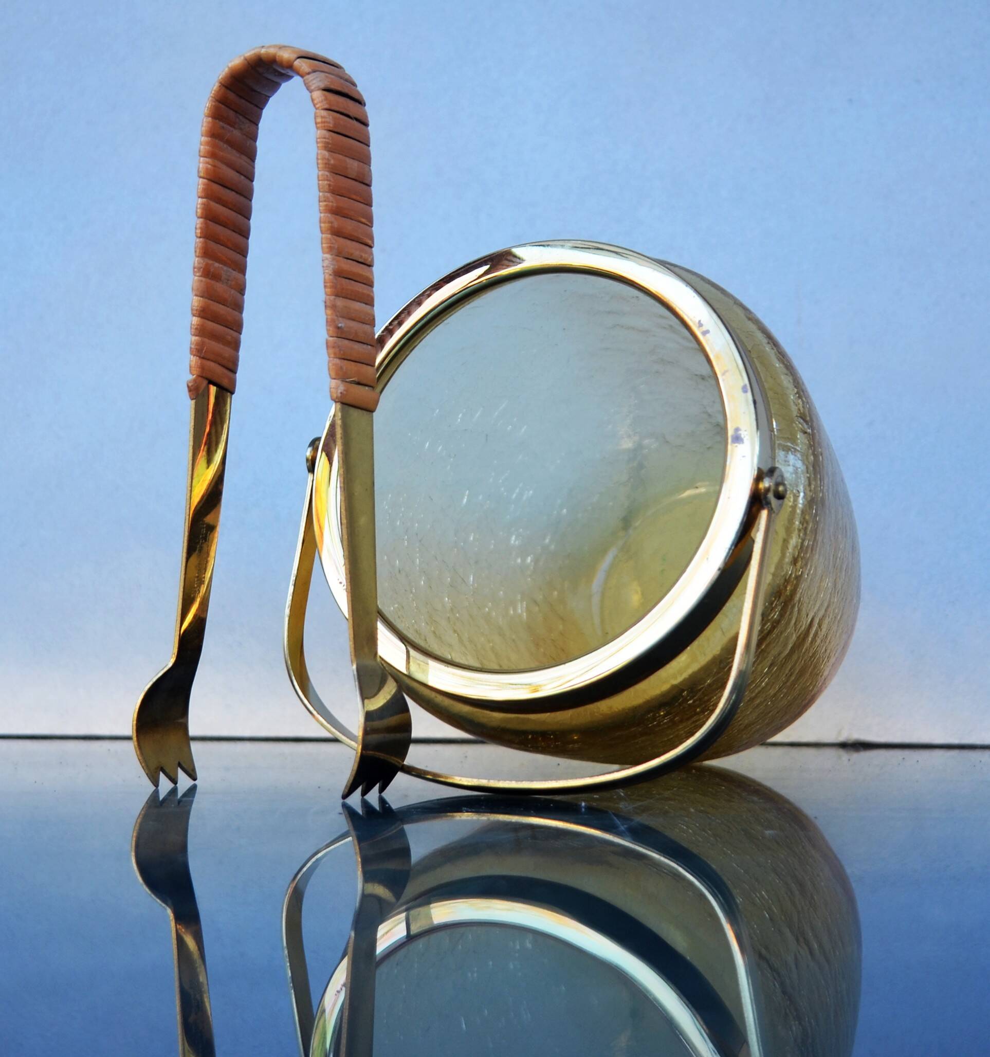 Mid Century Crackle Amber Glass Ice Bucket WMF With Ratan Handle