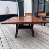 Rectangular dining table set and its suite of 6 armchairs in exotic wood and bamboo.