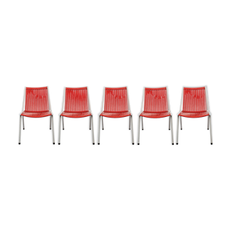 Set of 5 red Scoubidou chairs 50s