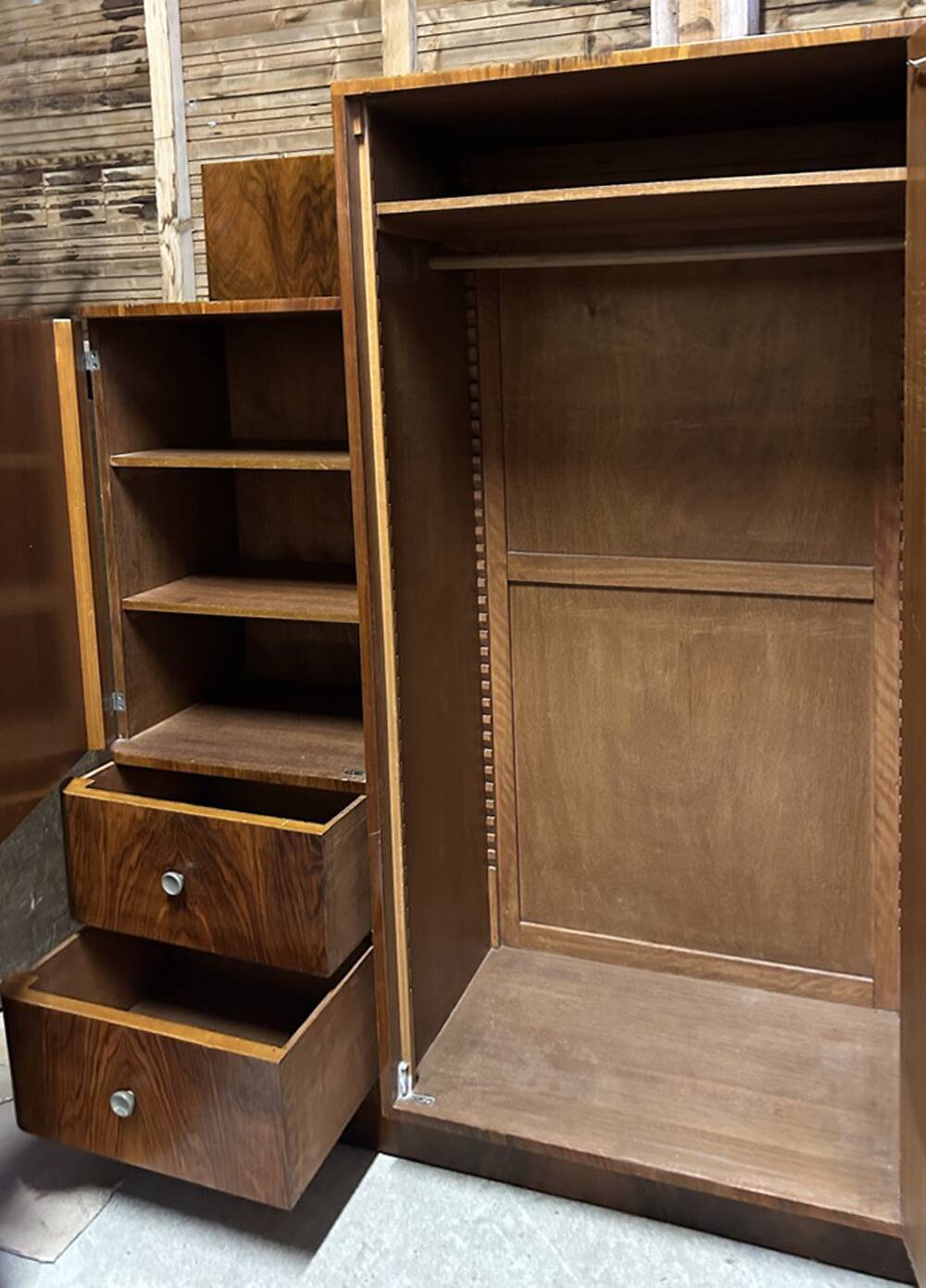 Asymmetrical wardrobe, Art Deco, 1930s walnut burl, wardrobe, shelves, drawers