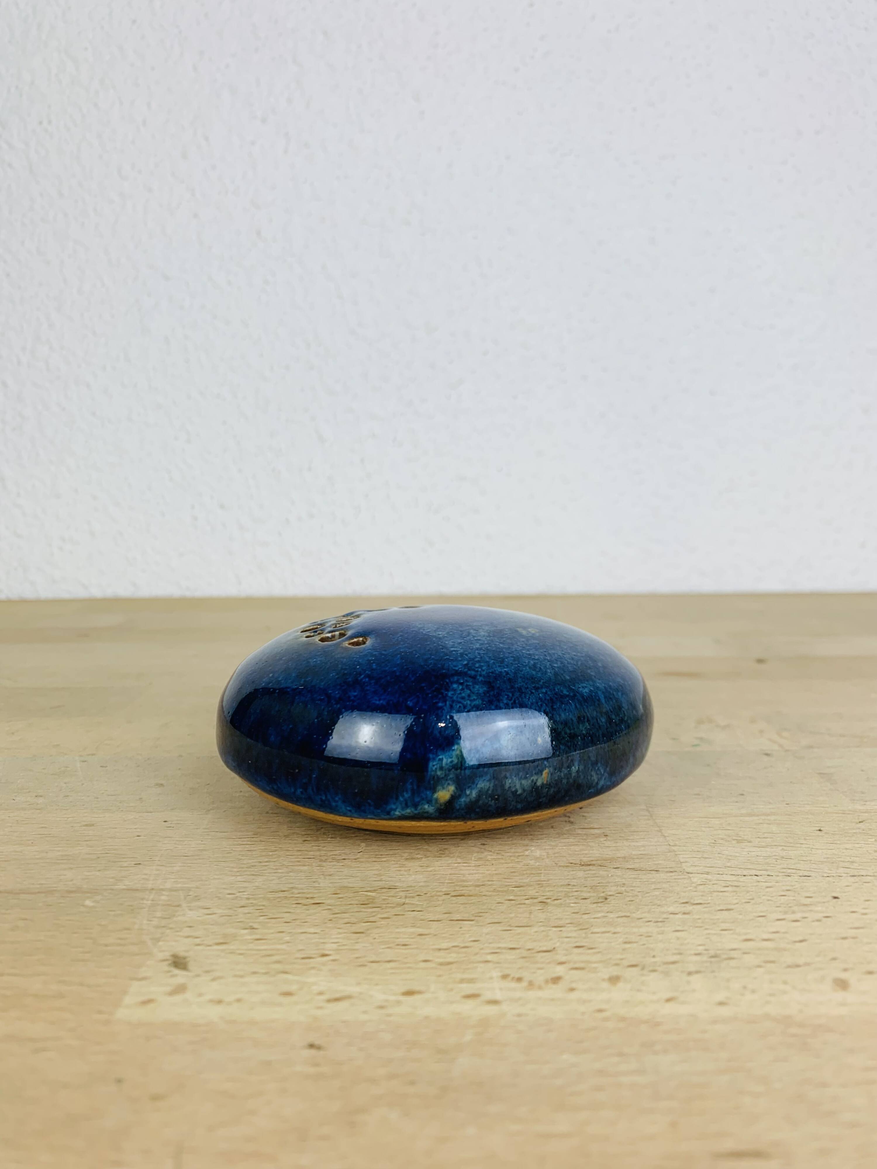 Blue ceramic flower spike ball vase, 7 soleils workshop