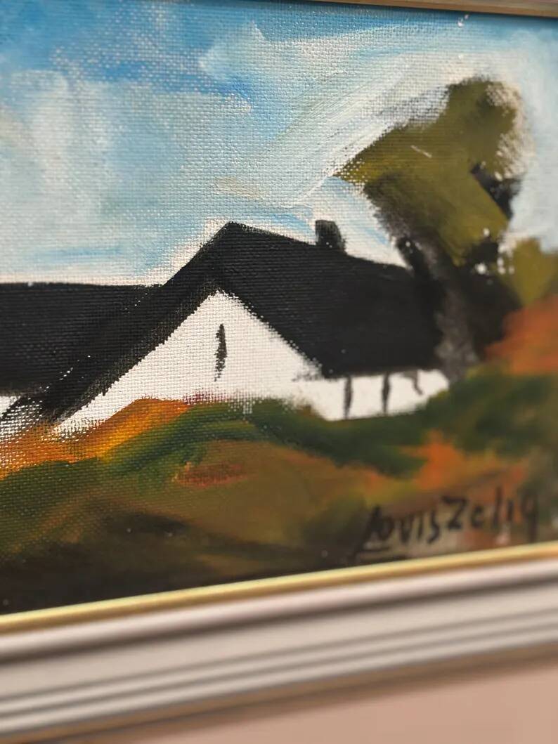 Original Swedish Oil on Panel – “Landscape with Farm” by Louis Zelig – Signed – Vintage & Framed – 78 × 39 cm (30.7" × 15.4")