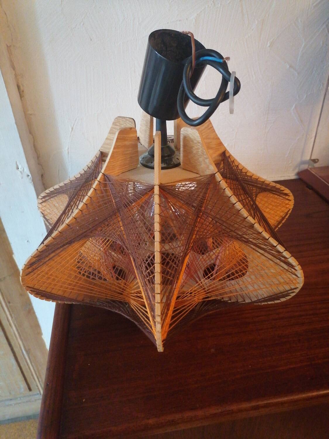 Scandinavian chandelier pendant light 1970s wooden threads