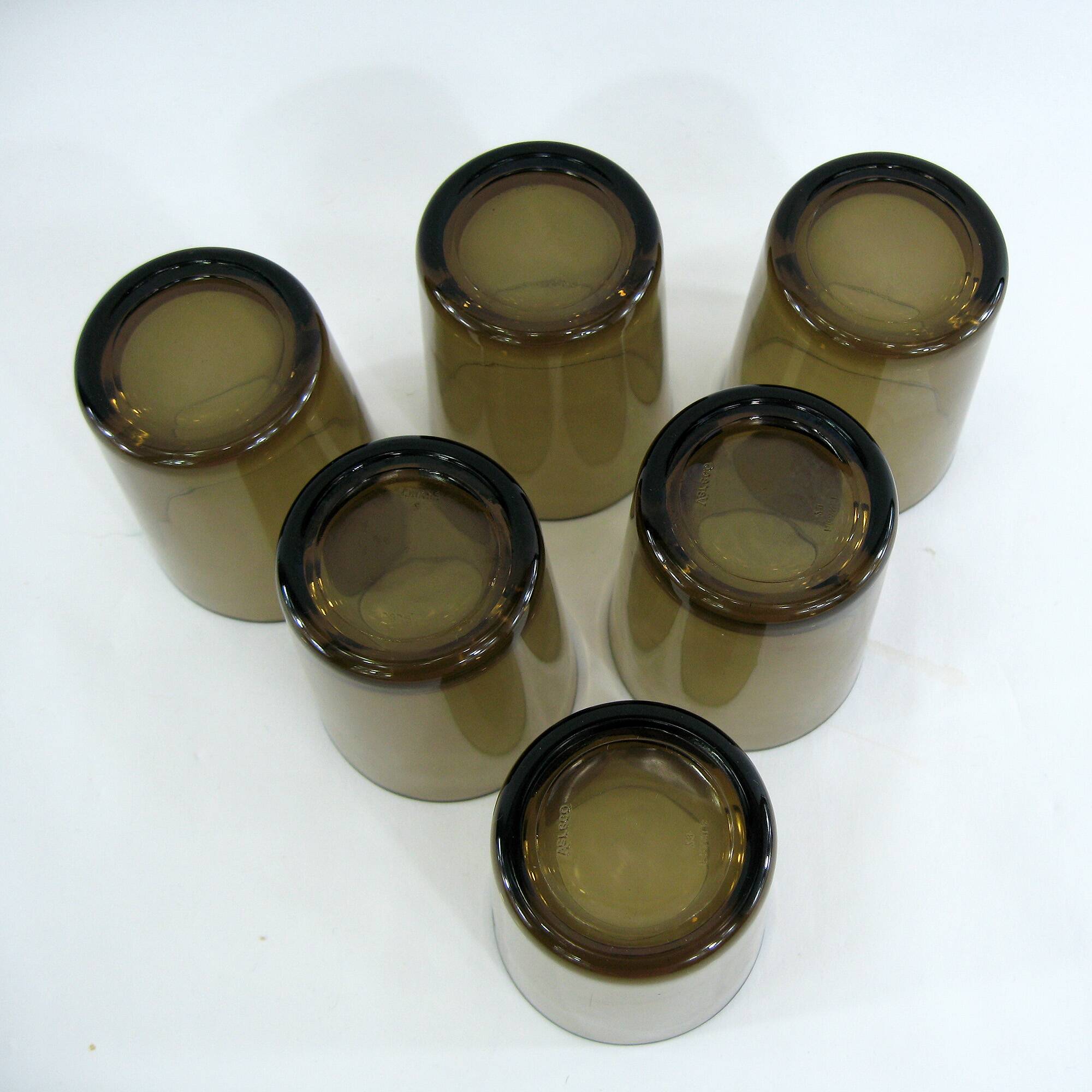 6 smoked brown tempered glass cups - Vereco France - vintage 70s