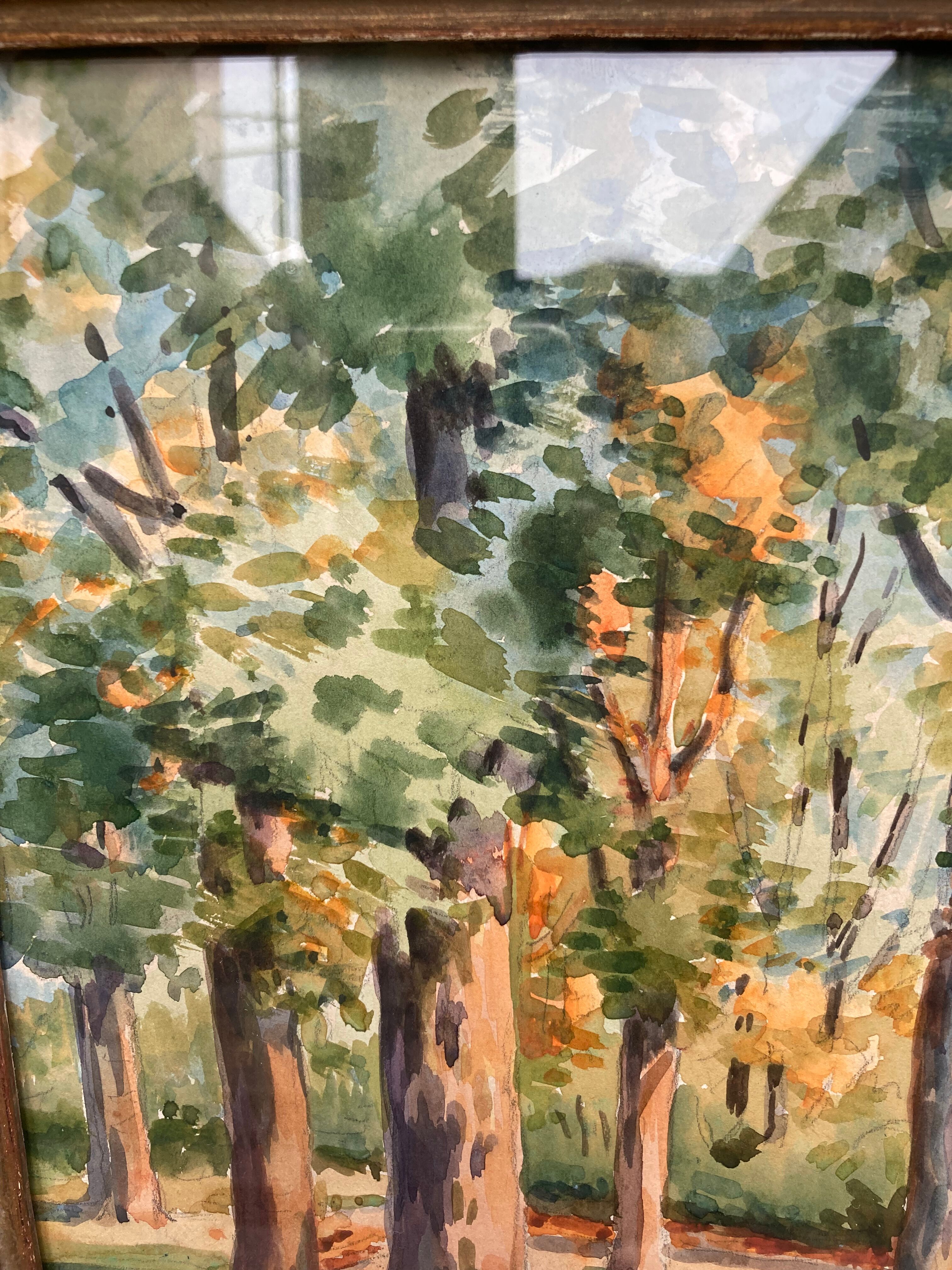 Framed watercolor trees in autumn dated 1943