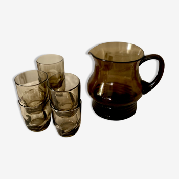 Carafe and 6 vintage smoked glasses