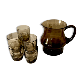 Carafe et 6 verres fumés vintage