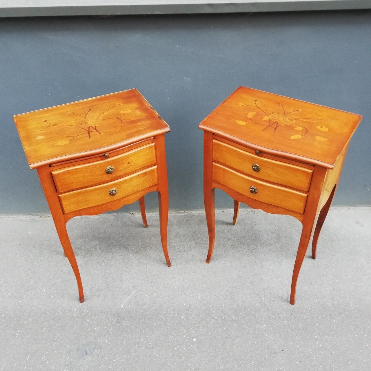 Pair of neoclassical solid wood bedside tables
