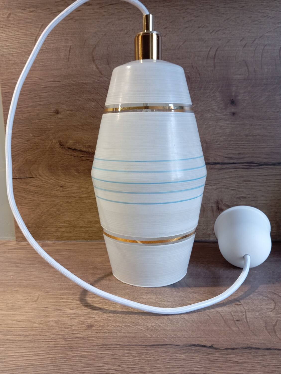 Mid century art deco pendant light fixture, gold striped glass, azure blue
