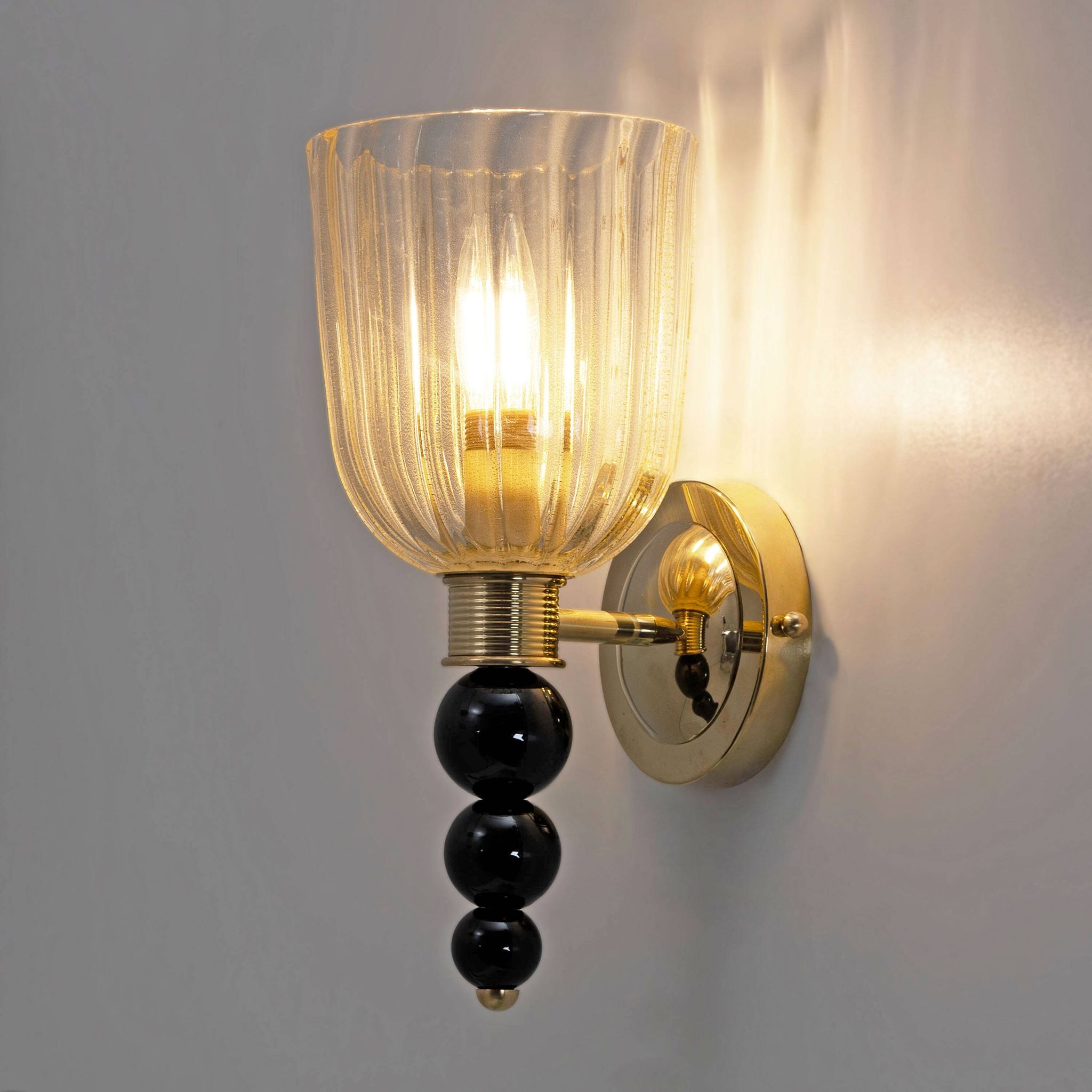 Pair of Italian Murano Glass Wall Sconces with Gold Dust Inclusions and Bra