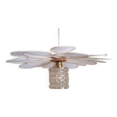 Suspension fleur pétales en rotin, lin blanc et globe vintage en verre