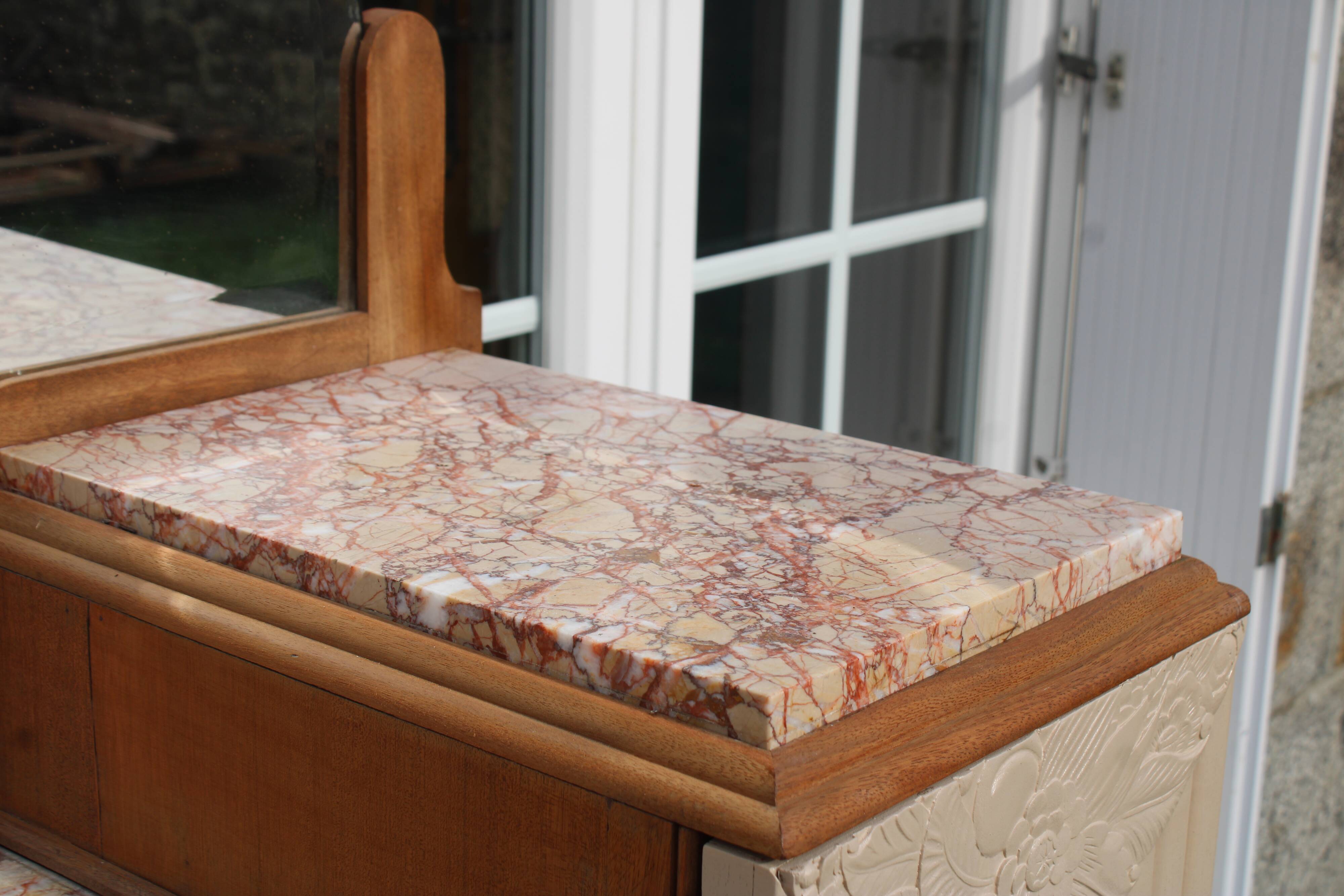 Renovated Art Deco buffet, pink marble and original mirror.