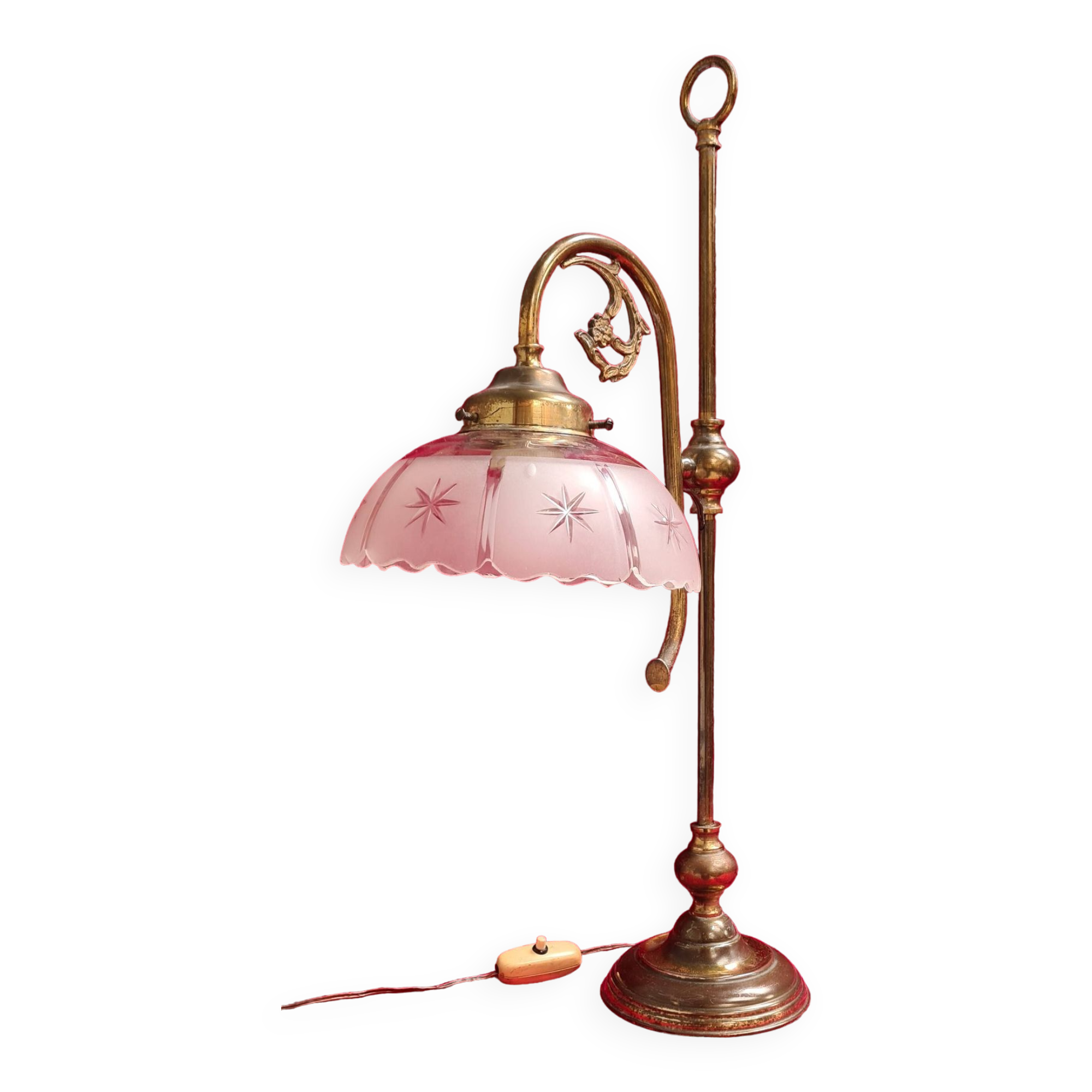 large 1900 brass lamp and cut and opaque glass lampshade, 53x25 original elec,