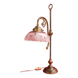 large 1900 brass lamp and cut and opaque glass lampshade, 53x25 original elec,