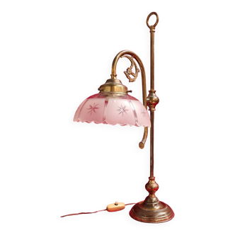 large 1900 brass lamp and cut and opaque glass lampshade, 53x25 original elec,