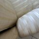 Pair of vintage bergère armchairs in striped ecru and beige fabric.