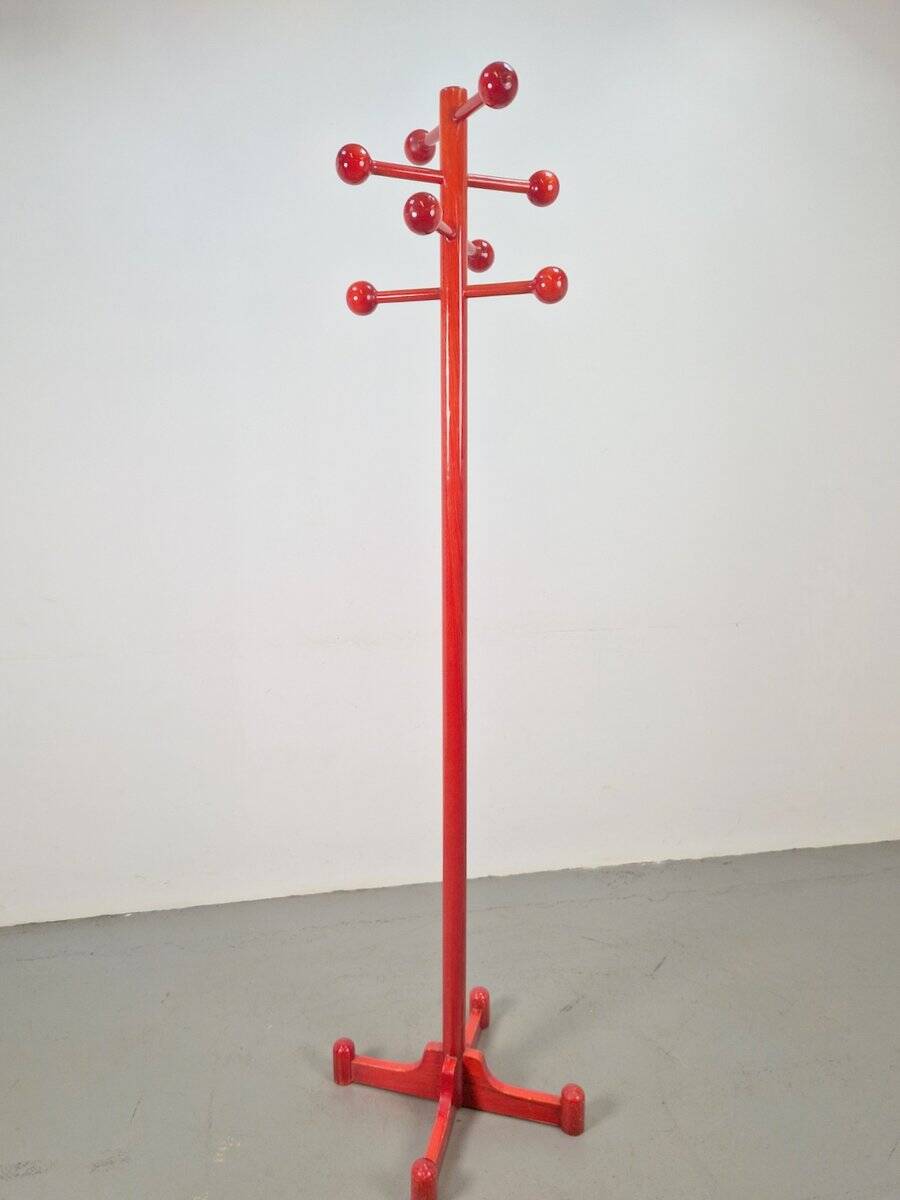 Vintage Red Stained Beech Coat Rack with Balls, 1970s